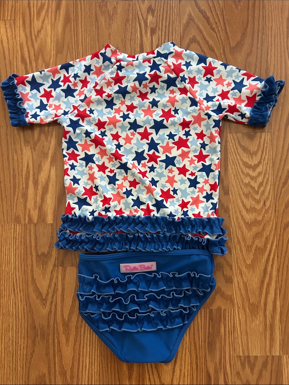 Ruffle Butts Red White Blue Star Ruffle Rashguard Set - Picture 3 of 3